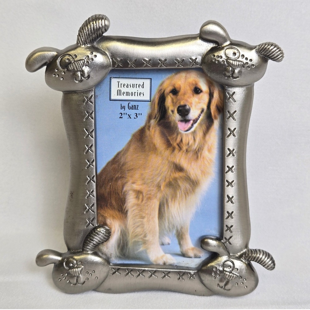 Ganz Treasured Memories Dog Picture Frame Holds 2" x 3" Photo Silver Tone Vtg